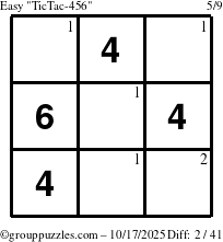 The grouppuzzles.com Easy TicTac-456 puzzle for Friday October 17, 2025 with the first 2 steps marked