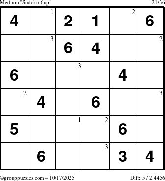 The grouppuzzles.com Medium Sudoku-6up puzzle for Friday October 17, 2025 with the first 3 steps marked