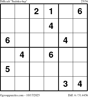The grouppuzzles.com Difficult Sudoku-6up puzzle for Friday October 17, 2025