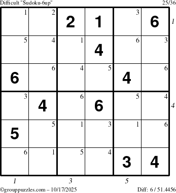 The grouppuzzles.com Difficult Sudoku-6up puzzle for Friday October 17, 2025 with all 6 steps marked
