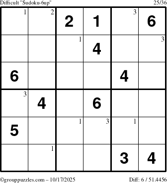 The grouppuzzles.com Difficult Sudoku-6up puzzle for Friday October 17, 2025 with the first 3 steps marked