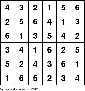 The grouppuzzles.com Answer grid for the Sudoku-6up puzzle for Friday October 17, 2025