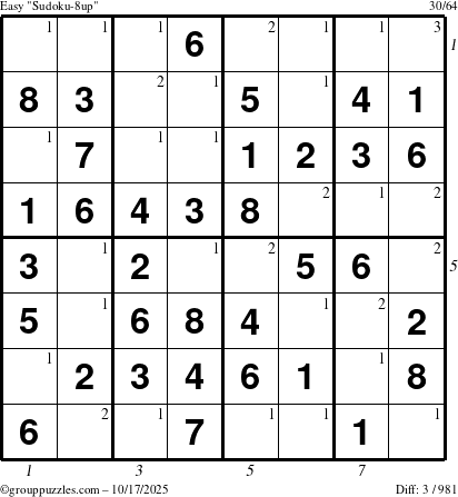 The grouppuzzles.com Easy Sudoku-8up puzzle for Friday October 17, 2025 with all 3 steps marked