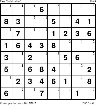 The grouppuzzles.com Easy Sudoku-8up puzzle for Friday October 17, 2025 with the first 3 steps marked