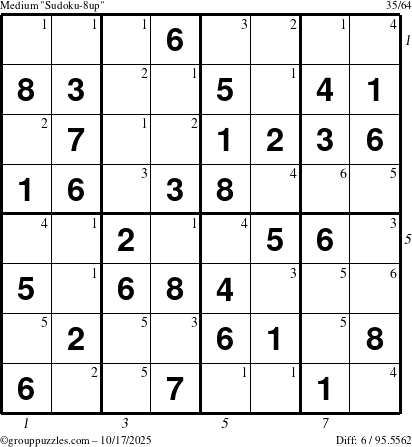 The grouppuzzles.com Medium Sudoku-8up puzzle for Friday October 17, 2025 with all 6 steps marked