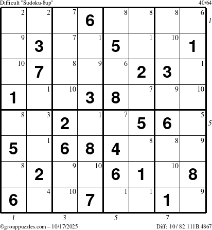 The grouppuzzles.com Difficult Sudoku-8up puzzle for Friday October 17, 2025 with all 10 steps marked