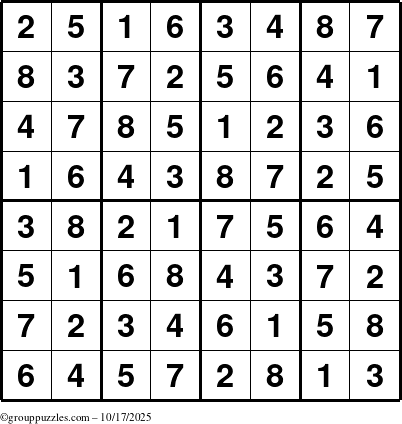 The grouppuzzles.com Answer grid for the Sudoku-8up puzzle for Friday October 17, 2025