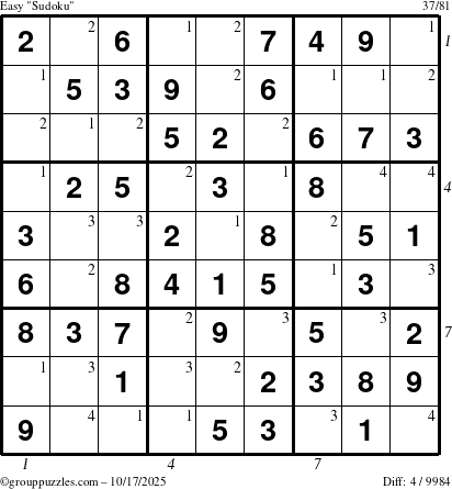 The grouppuzzles.com Easy Sudoku puzzle for Friday October 17, 2025 with all 4 steps marked
