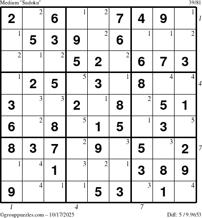The grouppuzzles.com Medium Sudoku puzzle for Friday October 17, 2025 with all 5 steps marked