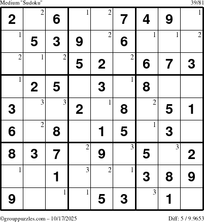 The grouppuzzles.com Medium Sudoku puzzle for Friday October 17, 2025 with the first 3 steps marked