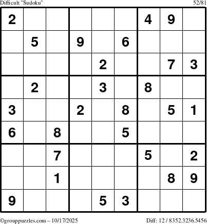 The grouppuzzles.com Difficult Sudoku puzzle for Friday October 17, 2025