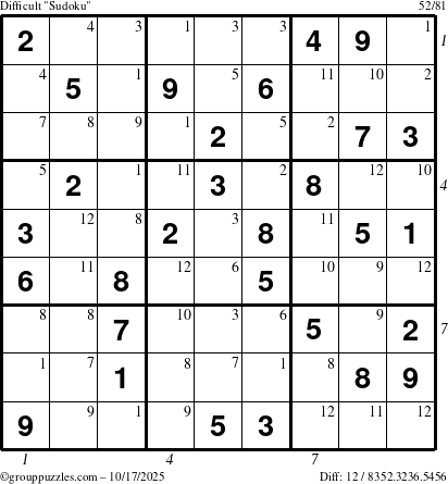 The grouppuzzles.com Difficult Sudoku puzzle for Friday October 17, 2025 with all 12 steps marked