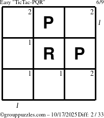 The grouppuzzles.com Easy TicTac-PQR puzzle for Friday October 17, 2025 with all 2 steps marked