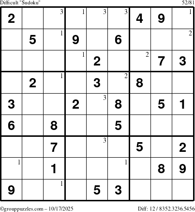 The grouppuzzles.com Difficult Sudoku puzzle for Friday October 17, 2025 with the first 3 steps marked