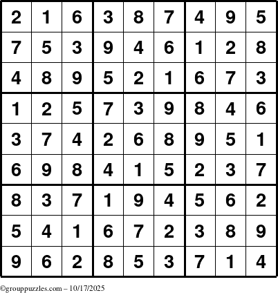 The grouppuzzles.com Answer grid for the Sudoku puzzle for Friday October 17, 2025