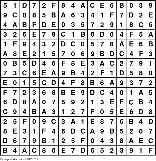 The grouppuzzles.com Answer grid for the Sudoku-16 puzzle for Friday October 17, 2025