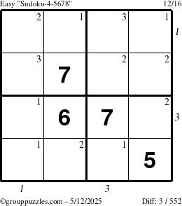 The grouppuzzles.com Easy Sudoku-4-5678 puzzle for Monday May 12, 2025 with all 3 steps marked