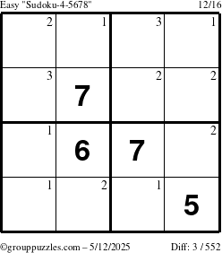 The grouppuzzles.com Easy Sudoku-4-5678 puzzle for Monday May 12, 2025 with the first 3 steps marked