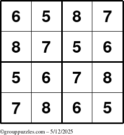 The grouppuzzles.com Answer grid for the Sudoku-4-5678 puzzle for Monday May 12, 2025
