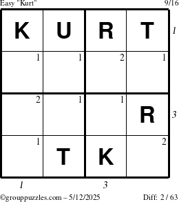 The grouppuzzles.com Easy Kurt puzzle for Monday May 12, 2025 with all 2 steps marked