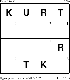 The grouppuzzles.com Easy Kurt puzzle for Monday May 12, 2025 with the first 2 steps marked