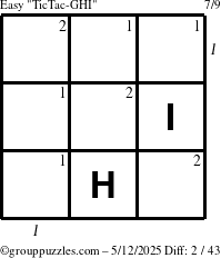 The grouppuzzles.com Easy TicTac-GHI puzzle for Monday May 12, 2025 with all 2 steps marked