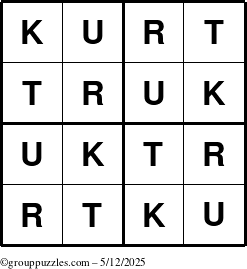 The grouppuzzles.com Answer grid for the Kurt puzzle for Monday May 12, 2025