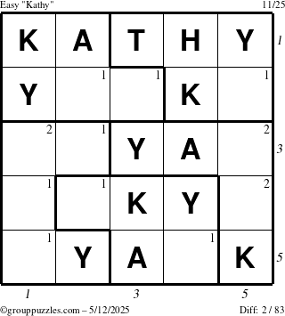The grouppuzzles.com Easy Kathy puzzle for Monday May 12, 2025 with all 2 steps marked