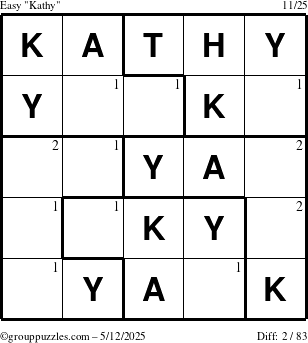 The grouppuzzles.com Easy Kathy puzzle for Monday May 12, 2025 with the first 2 steps marked