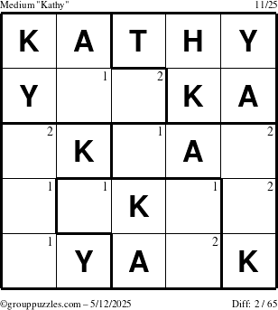 The grouppuzzles.com Medium Kathy puzzle for Monday May 12, 2025 with the first 2 steps marked
