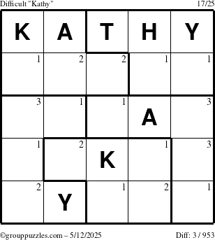 The grouppuzzles.com Difficult Kathy puzzle for Monday May 12, 2025 with the first 3 steps marked