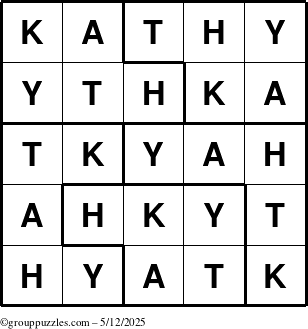 The grouppuzzles.com Answer grid for the Kathy puzzle for Monday May 12, 2025