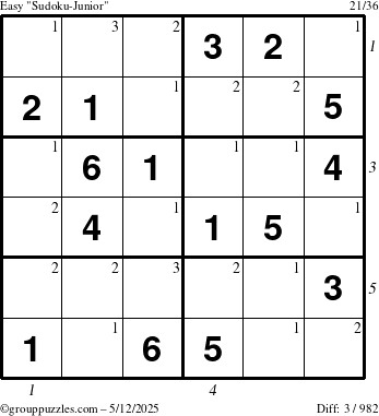 The grouppuzzles.com Easy Sudoku-Junior puzzle for Monday May 12, 2025 with all 3 steps marked