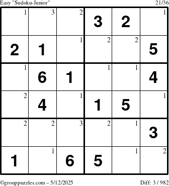 The grouppuzzles.com Easy Sudoku-Junior puzzle for Monday May 12, 2025 with the first 3 steps marked