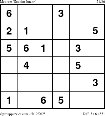The grouppuzzles.com Medium Sudoku-Junior puzzle for Monday May 12, 2025
