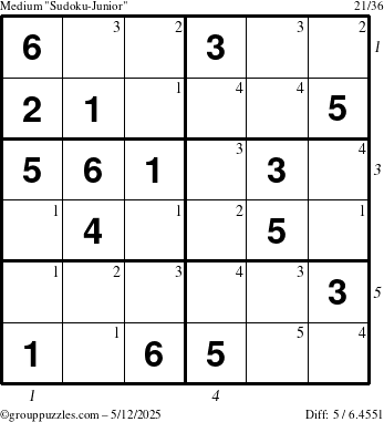 The grouppuzzles.com Medium Sudoku-Junior puzzle for Monday May 12, 2025 with all 5 steps marked