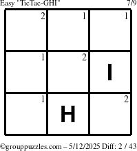 The grouppuzzles.com Easy TicTac-GHI puzzle for Monday May 12, 2025 with the first 2 steps marked