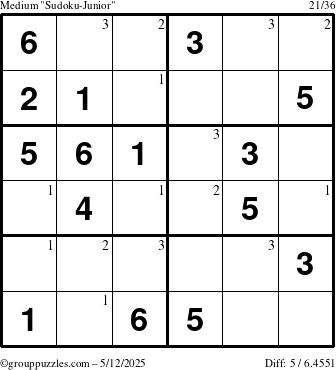 The grouppuzzles.com Medium Sudoku-Junior puzzle for Monday May 12, 2025 with the first 3 steps marked