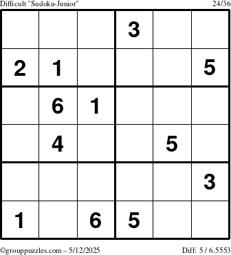 The grouppuzzles.com Difficult Sudoku-Junior puzzle for Monday May 12, 2025
