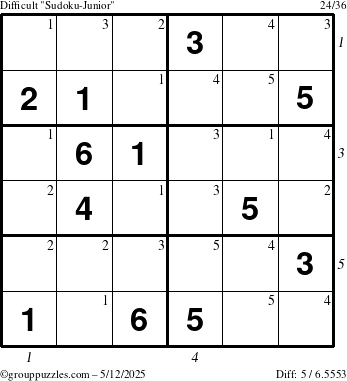 The grouppuzzles.com Difficult Sudoku-Junior puzzle for Monday May 12, 2025 with all 5 steps marked