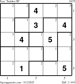 The grouppuzzles.com Easy Sudoku-5B puzzle for Monday May 12, 2025 with all 3 steps marked