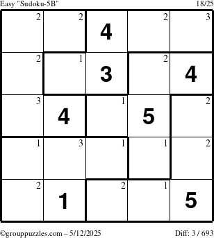 The grouppuzzles.com Easy Sudoku-5B puzzle for Monday May 12, 2025 with the first 3 steps marked