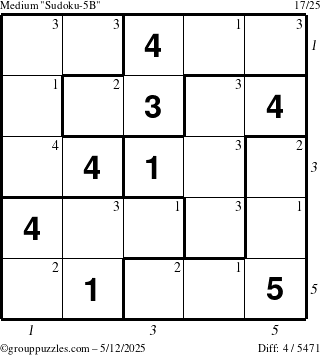 The grouppuzzles.com Medium Sudoku-5B puzzle for Monday May 12, 2025 with all 4 steps marked