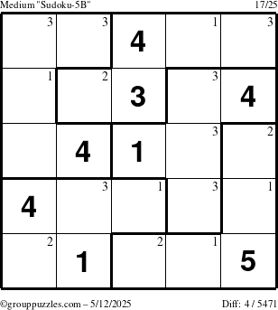 The grouppuzzles.com Medium Sudoku-5B puzzle for Monday May 12, 2025 with the first 3 steps marked