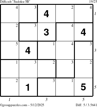The grouppuzzles.com Difficult Sudoku-5B puzzle for Monday May 12, 2025 with all 5 steps marked
