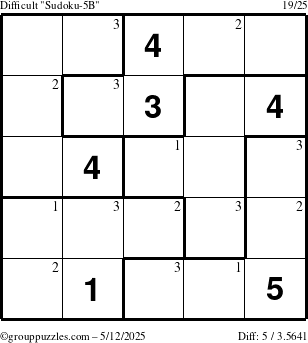 The grouppuzzles.com Difficult Sudoku-5B puzzle for Monday May 12, 2025 with the first 3 steps marked