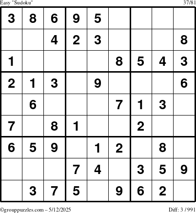 The grouppuzzles.com Easy Sudoku puzzle for Monday May 12, 2025