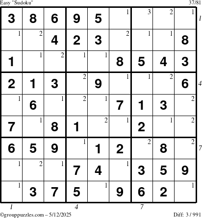The grouppuzzles.com Easy Sudoku puzzle for Monday May 12, 2025 with all 3 steps marked