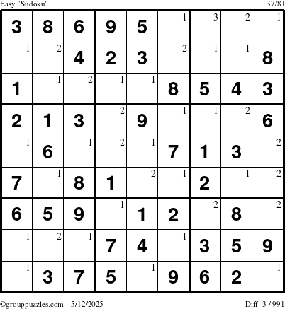 The grouppuzzles.com Easy Sudoku puzzle for Monday May 12, 2025 with the first 3 steps marked