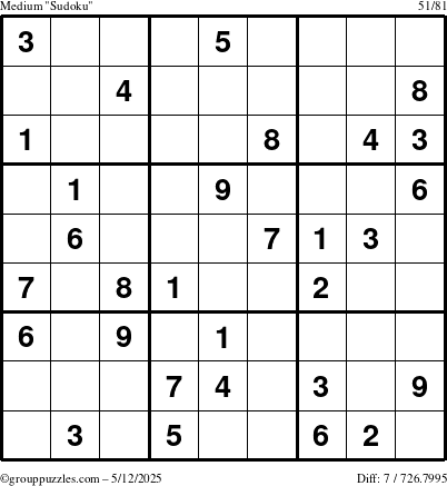 The grouppuzzles.com Medium Sudoku puzzle for Monday May 12, 2025